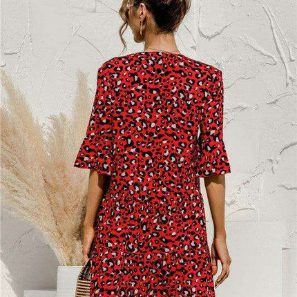 Enchanting Floral V-Neck Maxi Dress with Elegant Trumpet Sleeves and Delightful Cake Accents - Très Elite