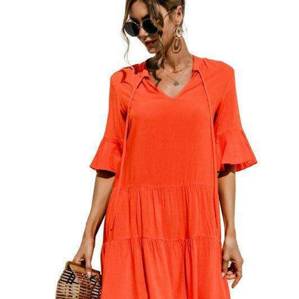 Enchanting Floral V-Neck Maxi Dress with Elegant Trumpet Sleeves and Delightful Cake Accents - Très Elite