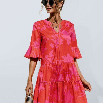 Enchanting Floral V-Neck Maxi Dress with Elegant Trumpet Sleeves and Delightful Cake Accents