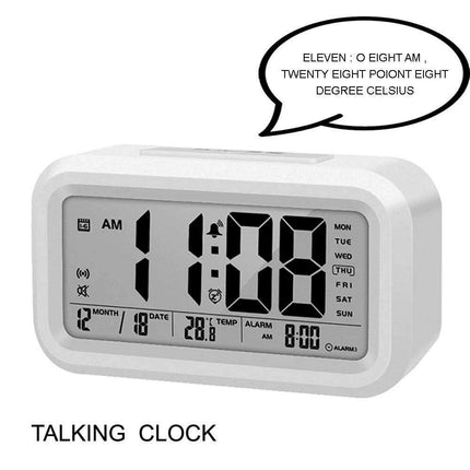 English Voice-Activated Alarm Clock with Temperature, Calendar, Snooze, and Backlight Features - Très Elite