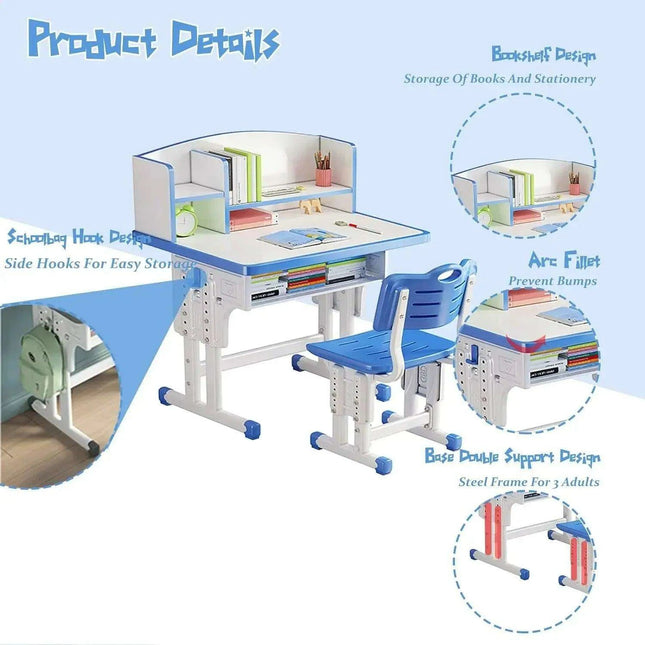 ErgoKids Ergonomic Study Desk & Chair Set with Bookshelf - Adjustable for Growing Children