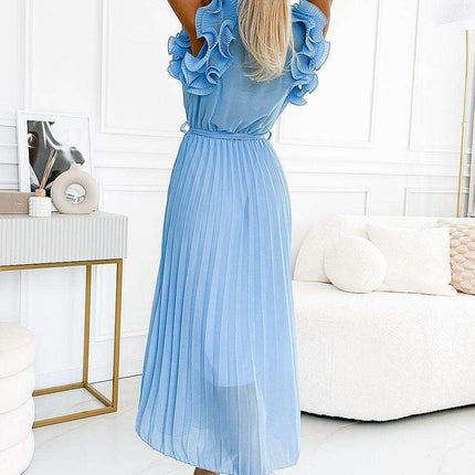 Ethereal Blue Ruffled Chiffon Cocktail Dress with Envelope Neckline by Numoco - Très Elite