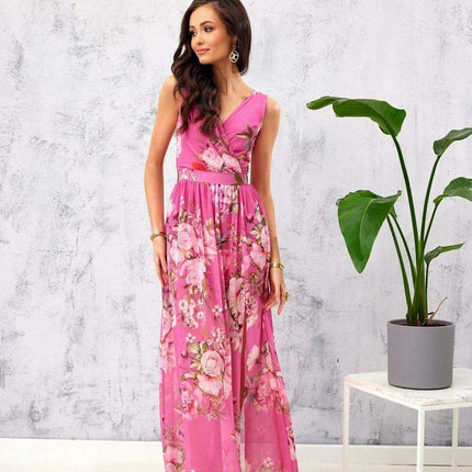Ethereal Floral Chiffon Maxi Dress with Elegant Envelope Neckline - Très Elite