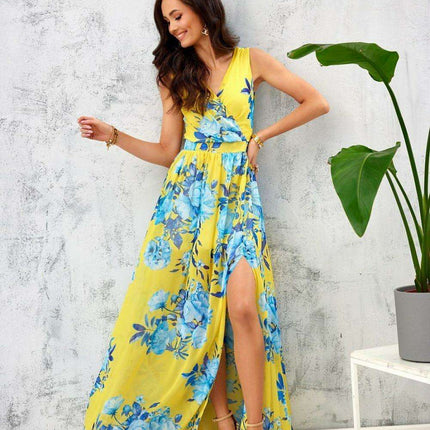 Ethereal Floral Chiffon Maxi Dress with Elegant Envelope Neckline - Très Elite