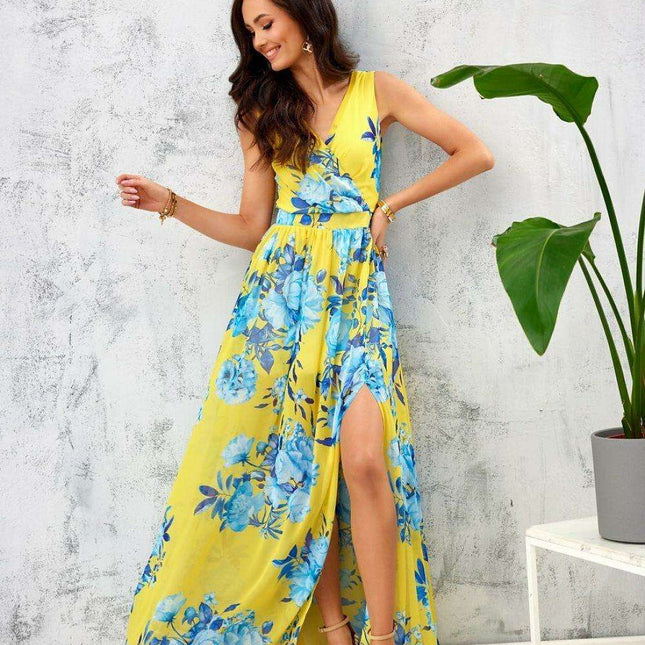 Ethereal Floral Chiffon Maxi Dress with Elegant Envelope Neckline