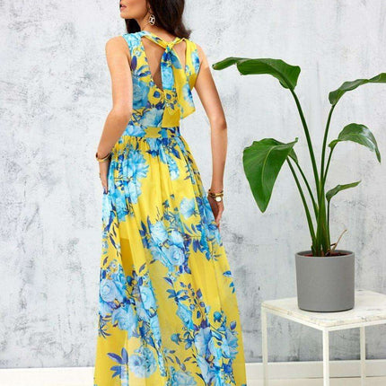 Ethereal Floral Chiffon Maxi Dress with Elegant Envelope Neckline - Très Elite