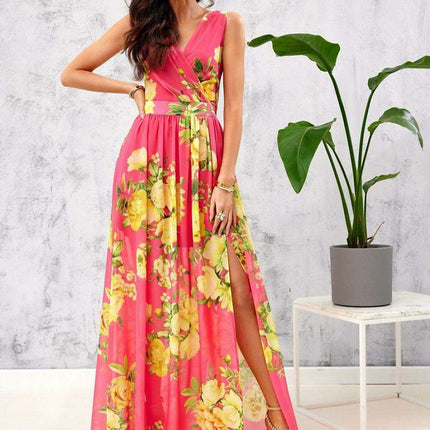 Ethereal Floral Chiffon Maxi Dress with Elegant Envelope Neckline