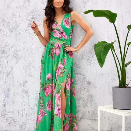 Ethereal Floral Chiffon Maxi Dress with Elegant Envelope Neckline