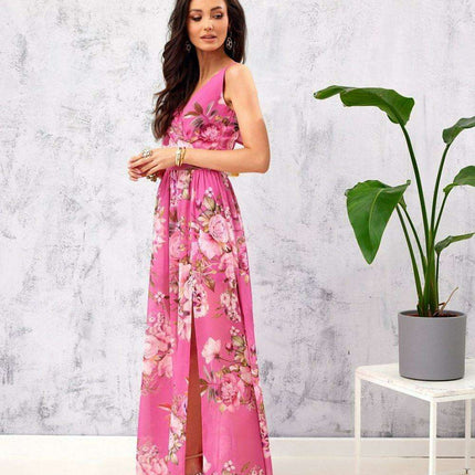Ethereal Floral Chiffon Maxi Dress with Elegant Envelope Neckline - Très Elite