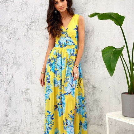 Ethereal Floral Chiffon Maxi Dress with Elegant Envelope Neckline