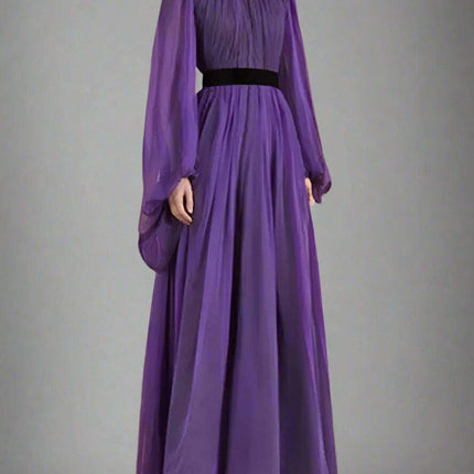 Evening Dress with Lantern Sleeves and Stand Collar for Women