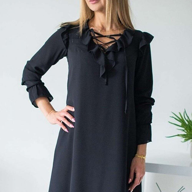Evening Loose-fitting dress, neckline with binding and frill