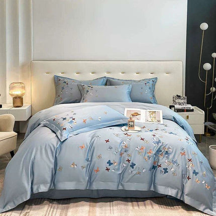 Exquisite 100% Egyptian Cotton Butterfly Embroidered Luxury Bedding Set with Duvet Cover, Sheets, and Pillowcases - Très Elite