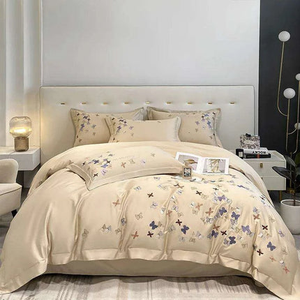 Exquisite 100% Egyptian Cotton Butterfly Embroidered Luxury Bedding Set with Duvet Cover, Sheets, and Pillowcases - Très Elite