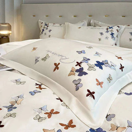 Exquisite 100% Egyptian Cotton Butterfly Embroidered Luxury Bedding Set with Duvet Cover, Sheets, and Pillowcases - Très Elite