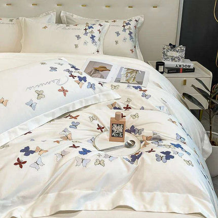 Exquisite 100% Egyptian Cotton Butterfly Embroidered Luxury Bedding Set with Duvet Cover, Sheets, and Pillowcases - Très Elite