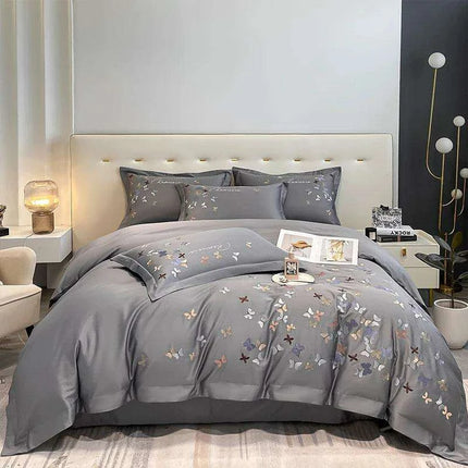 Exquisite 100% Egyptian Cotton Butterfly Embroidered Luxury Bedding Set with Duvet Cover, Sheets, and Pillowcases- Très Elite- Très Elite