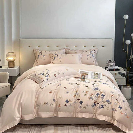 Exquisite 100% Egyptian Cotton Butterfly Embroidered Luxury Bedding Set with Duvet Cover, Sheets, and Pillowcases- Très Elite- Très Elite
