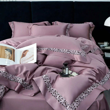 Exquisite 1200TC Egyptian Cotton Luxury Bedding Collection with Elegant Hollow Lace Trim, Duvet Cover, Flat & Fitted Sheets, and Pillowcases- Très Elite- Très Elite