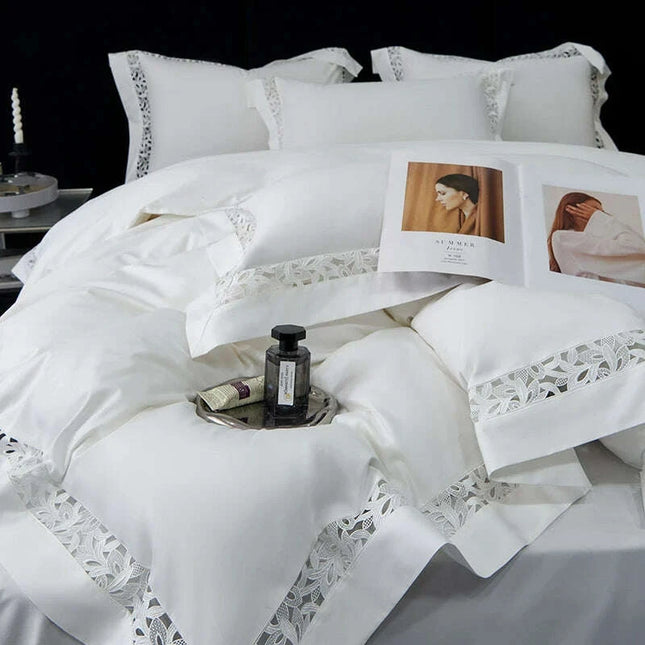 Exquisite 1200TC Egyptian Cotton Luxury Bedding Collection with Elegant Hollow Lace Trim, Duvet Cover, Flat & Fitted Sheets, and Pillowcases
