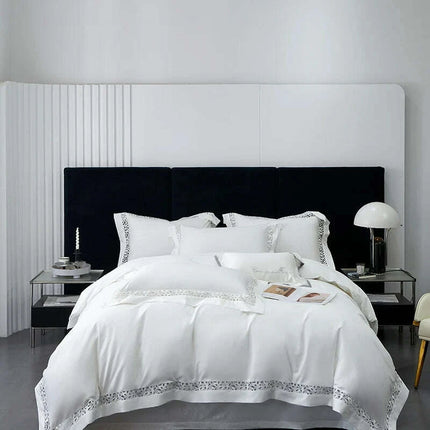 Exquisite 1200TC Egyptian Cotton Luxury Bedding Collection with Elegant Hollow Lace Trim, Duvet Cover, Flat & Fitted Sheets, and Pillowcases - Très Elite