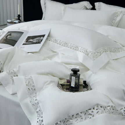 Exquisite 1200TC Egyptian Cotton Luxury Bedding Collection with Elegant Hollow Lace Trim, Duvet Cover, Flat & Fitted Sheets, and Pillowcases - Très Elite