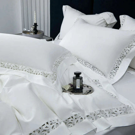 Exquisite 1200TC Egyptian Cotton Luxury Bedding Collection with Elegant Hollow Lace Trim, Duvet Cover, Flat & Fitted Sheets, and Pillowcases - Très Elite