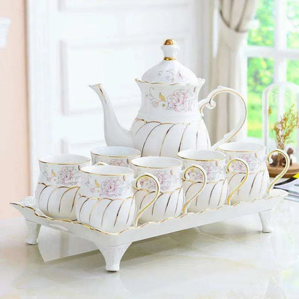 Exquisite European Charm Porcelain Coffee and Tea Serving Set - Deluxe Mugs & Pot..