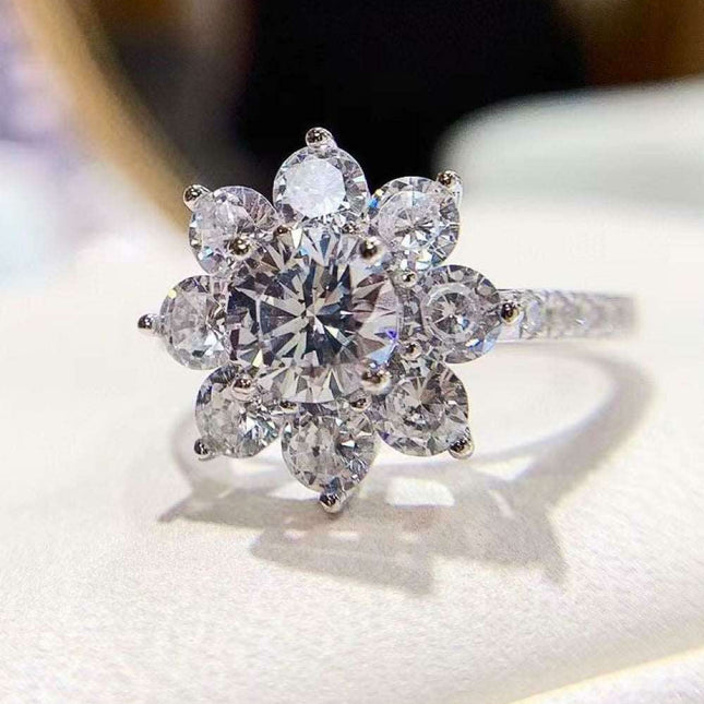 Exquisite Floral Moissanite Ring with Platinum-Plated Zircon Accents - Unmatched Sophistication