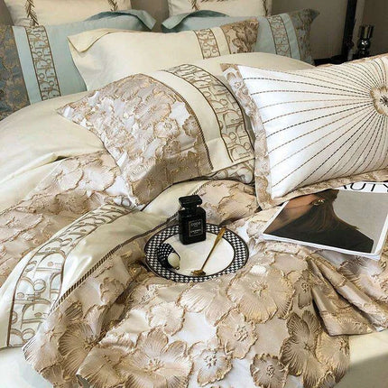 Exquisite Gold Jacquard Floral Duvet Cover Set - 1200TC Egyptian Cotton Bedding with Pillowcases - Très Elite