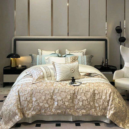 Exquisite Gold Jacquard Floral Duvet Cover Set - 1200TC Egyptian Cotton Bedding with Pillowcases - Très Elite
