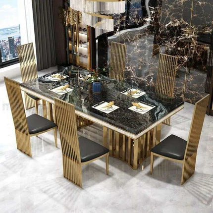 Exquisite Italian-Inspired White Marble Dining Set with Sleek Stainless Steel Chairs - Limited Edition- Très Elite- Très Elite