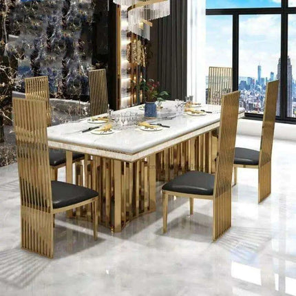 Exquisite Italian-Inspired White Marble Dining Set with Sleek Stainless Steel Chairs - Limited Edition- Très Elite- Très Elite