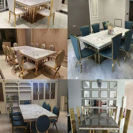 Exquisite Italian-Inspired White Marble Dining Set with Sleek Stainless Steel Chairs - Limited Edition- Très Elite- Très Elite