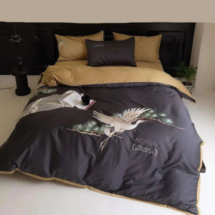 Exquisite Pine Crane Embroidered Luxury Egyptian Cotton Bedding Set with Duvet Cover and Sheets - Très Elite