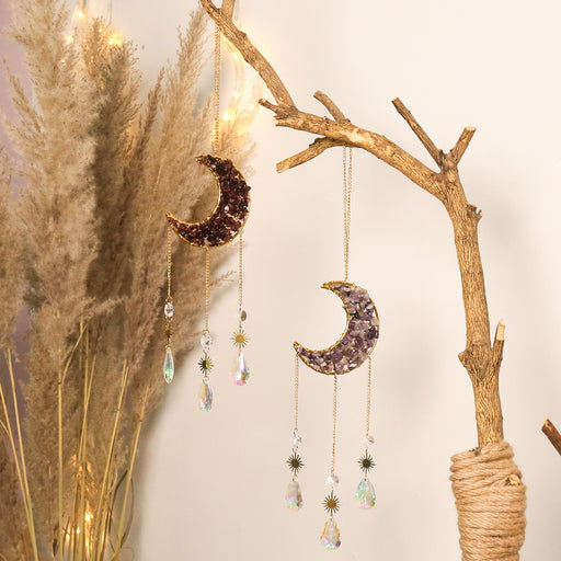 Enchanting Crystal Gravel Sun and Moon Dream Catcher Pendant for Tranquil Spaces