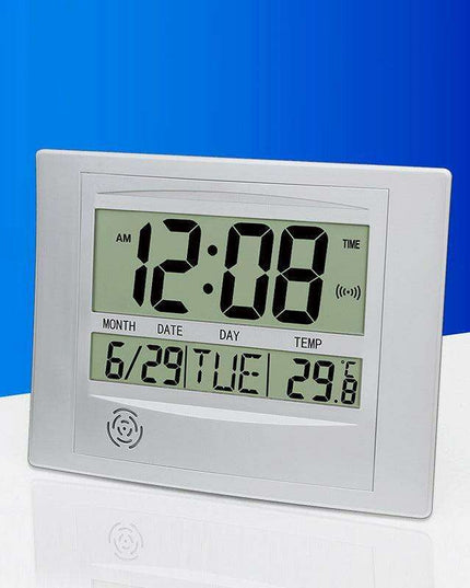 Elegant Atomic Digital Wall Clock with Calendar, Temperature Readout, and Alarm Feature