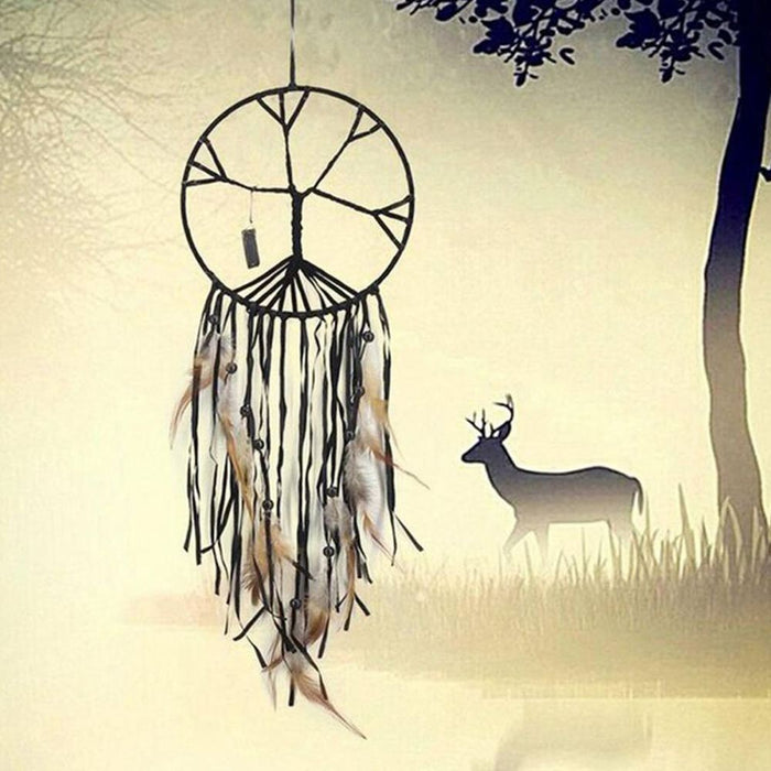 Tree of Life Dream Catcher with Black Feathers - Large Ornamental Dreamcatcher for Children's Bedroom