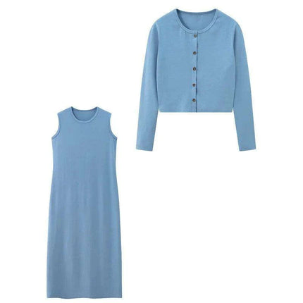 Fall Women's Cardigan and Maxi Dress Ensemble with Sleeveless Top Set of 2 - Très Elite