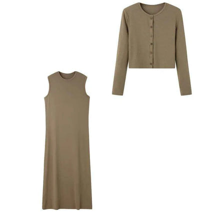 Fall Women's Cardigan and Maxi Dress Ensemble with Sleeveless Top Set of 2 - Très Elite