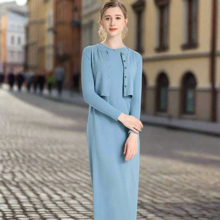 Fall Women's Cardigan and Maxi Dress Ensemble with Sleeveless Top Set of 2 - Très Elite