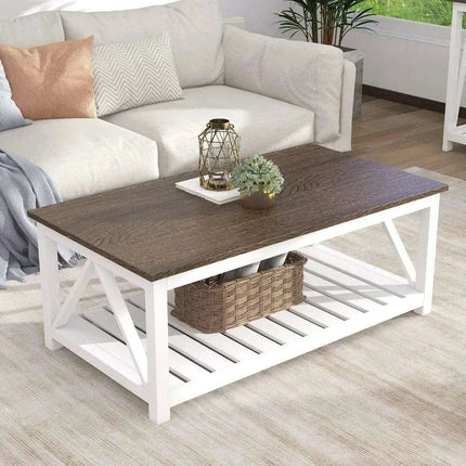 Farmhouse Style Coffee Table with Convenient Storage Shelf - Quick Assembly and Sturdy Build - Très Elite