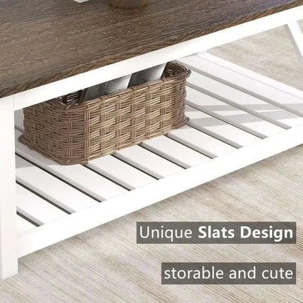 Farmhouse Style Coffee Table with Convenient Storage Shelf - Quick Assembly and Sturdy Build - Très Elite