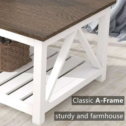 Farmhouse Style Coffee Table with Convenient Storage Shelf - Quick Assembly and Sturdy Build - Très Elite