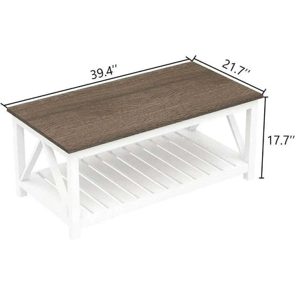 Farmhouse Style Coffee Table with Convenient Storage Shelf - Quick Assembly and Sturdy Build - Très Elite