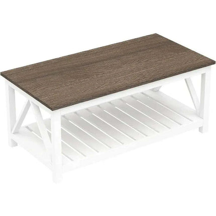 Farmhouse Style Coffee Table with Convenient Storage Shelf - Quick Assembly and Sturdy Build - Très Elite