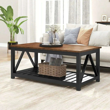 Farmhouse Style Coffee Table with Convenient Storage Shelf - Quick Assembly and Sturdy Build - Très Elite