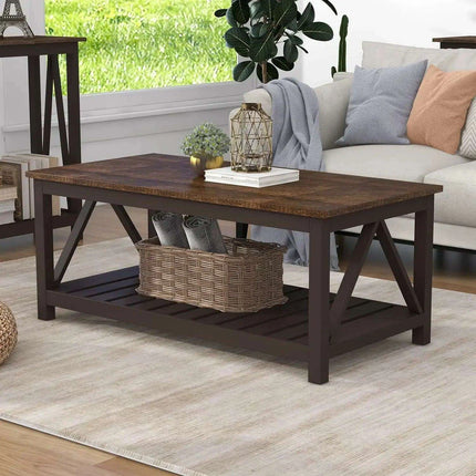 Farmhouse Style Coffee Table with Convenient Storage Shelf - Quick Assembly and Sturdy Build - Très Elite
