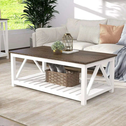 Farmhouse Style Coffee Table with Convenient Storage Shelf - Quick Assembly and Sturdy Build - Très Elite