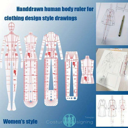 Fashion Designer's Acrylic Sketch Ruler - Ultimate Guide for Human Figure and Garment Designs - Très Elite